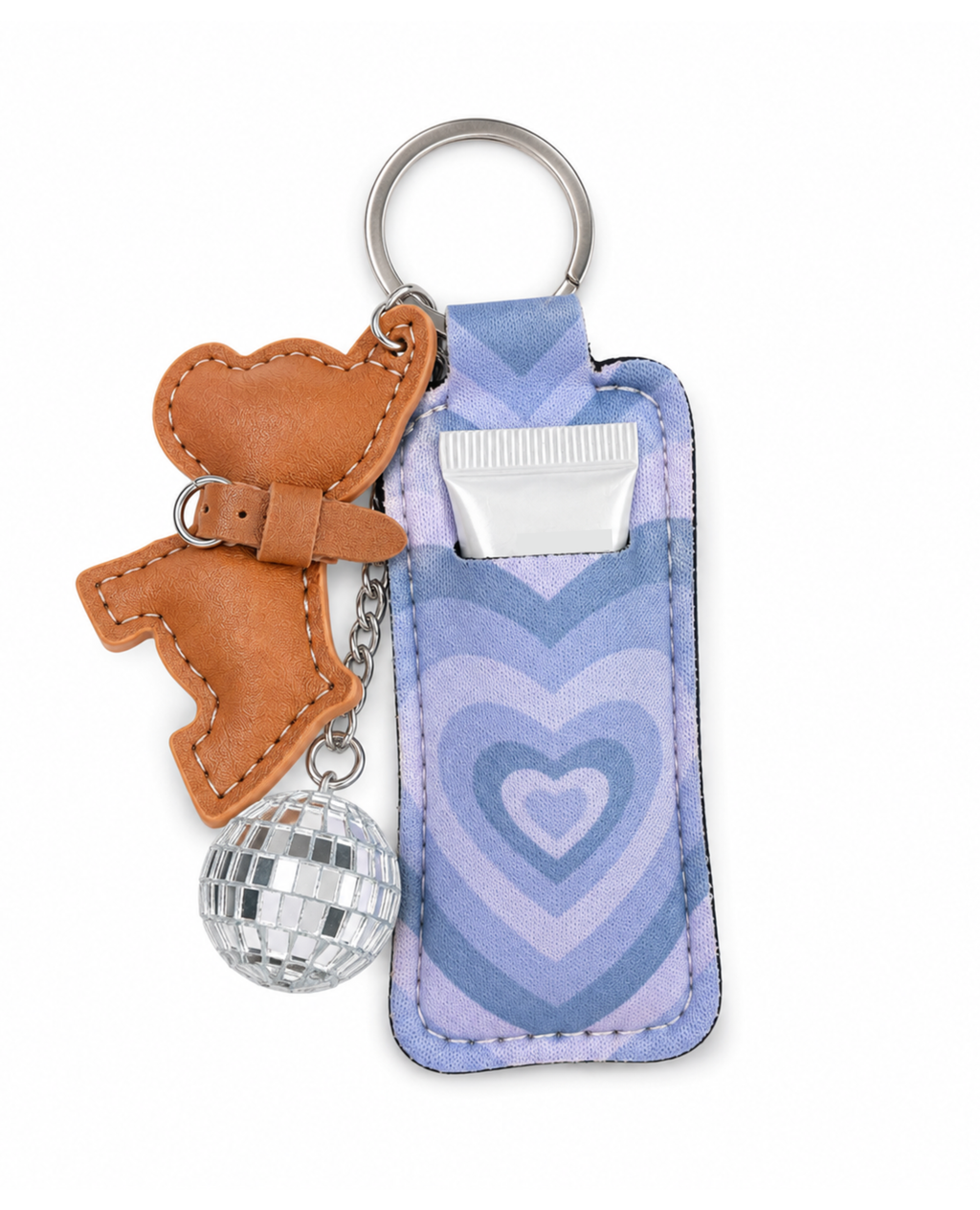 A novelty keychain featuring a light blue and purple heart-patterned pouch, a brown leather dog-shaped charm, and a silver disco ball charm, all attached to a metal split ring on a white background.